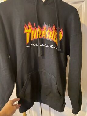 Thrasher Black Hoodie with Red and Yellow Flame Logo - Men